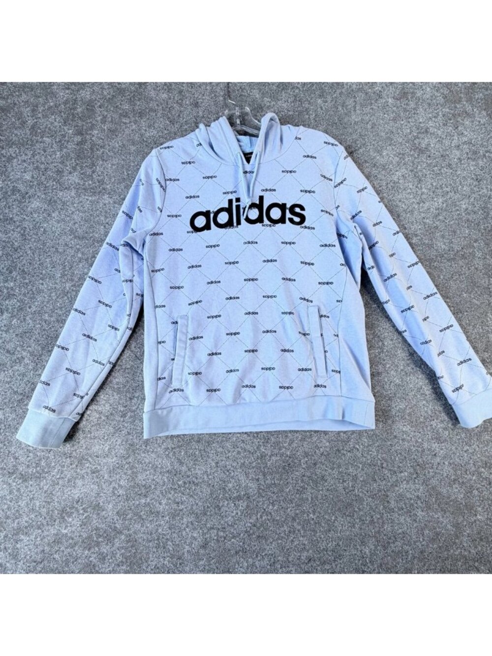 Adidas Hoodie Womens M Glow Blue Ribbed Cuffs All Over Linear Graphic Pullover
